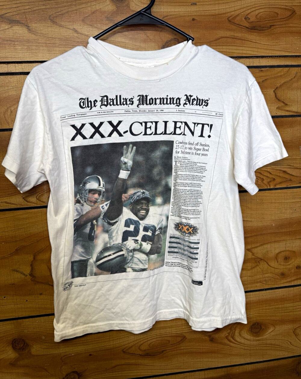 Vintage 1996 Dallas Cowboys XXX-Cellent Super Bowl Newspaper Kids T-shirt Size L